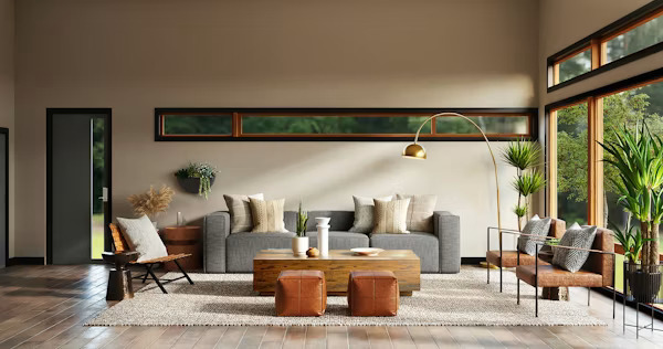 Ruang tamu bergaya kontemporer dengan sofa abu-abu dan aksen geometris modern