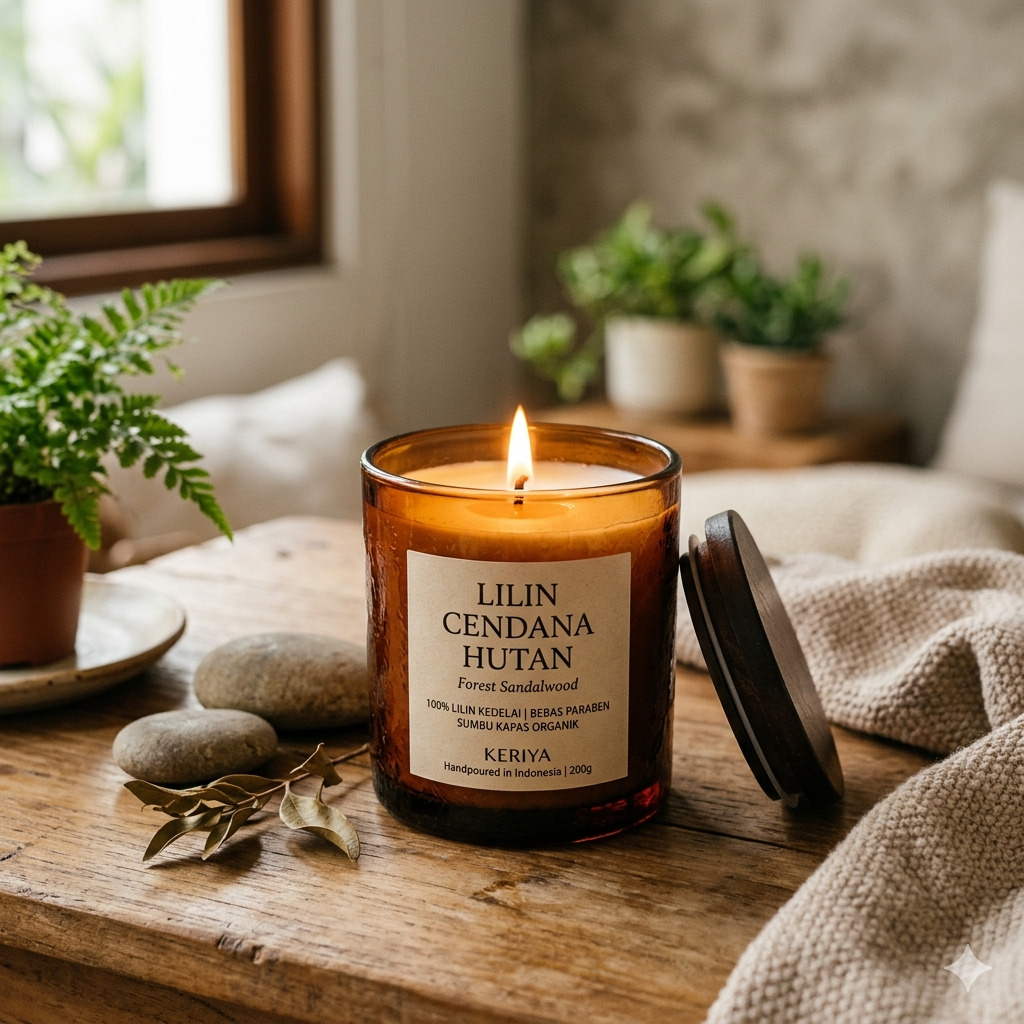 Lilin aromaterapi dari bahan kedelai alami dengan aroma hutan dan kayu cendana